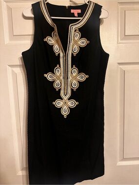 Lilly Pulitzer Black Sleeveless Shift Dress with Gold and White Embroidery